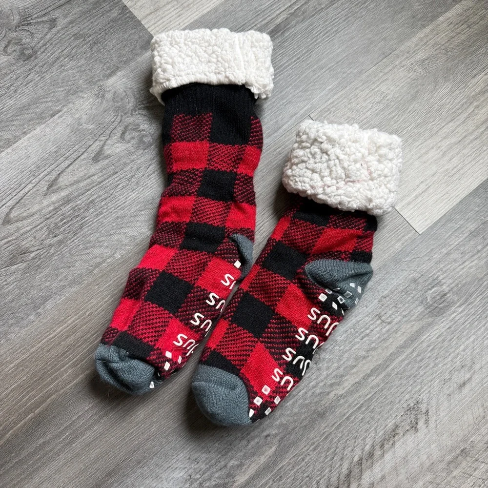 Cozy Red and Black Buffalo Plaid Socks with Fuzzy Sherpa Lining